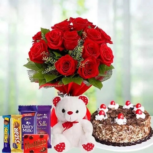 Teddy with Black Forest Cake Mixed Chocos N  Roses